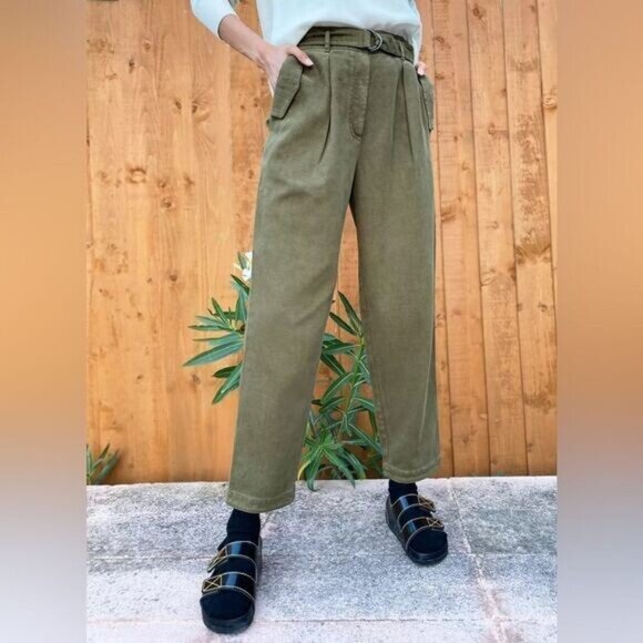 The Group BABATON 8 Green Barrel Leg High Waisted Paper Bag Pants Belted - Picture 1 of 13